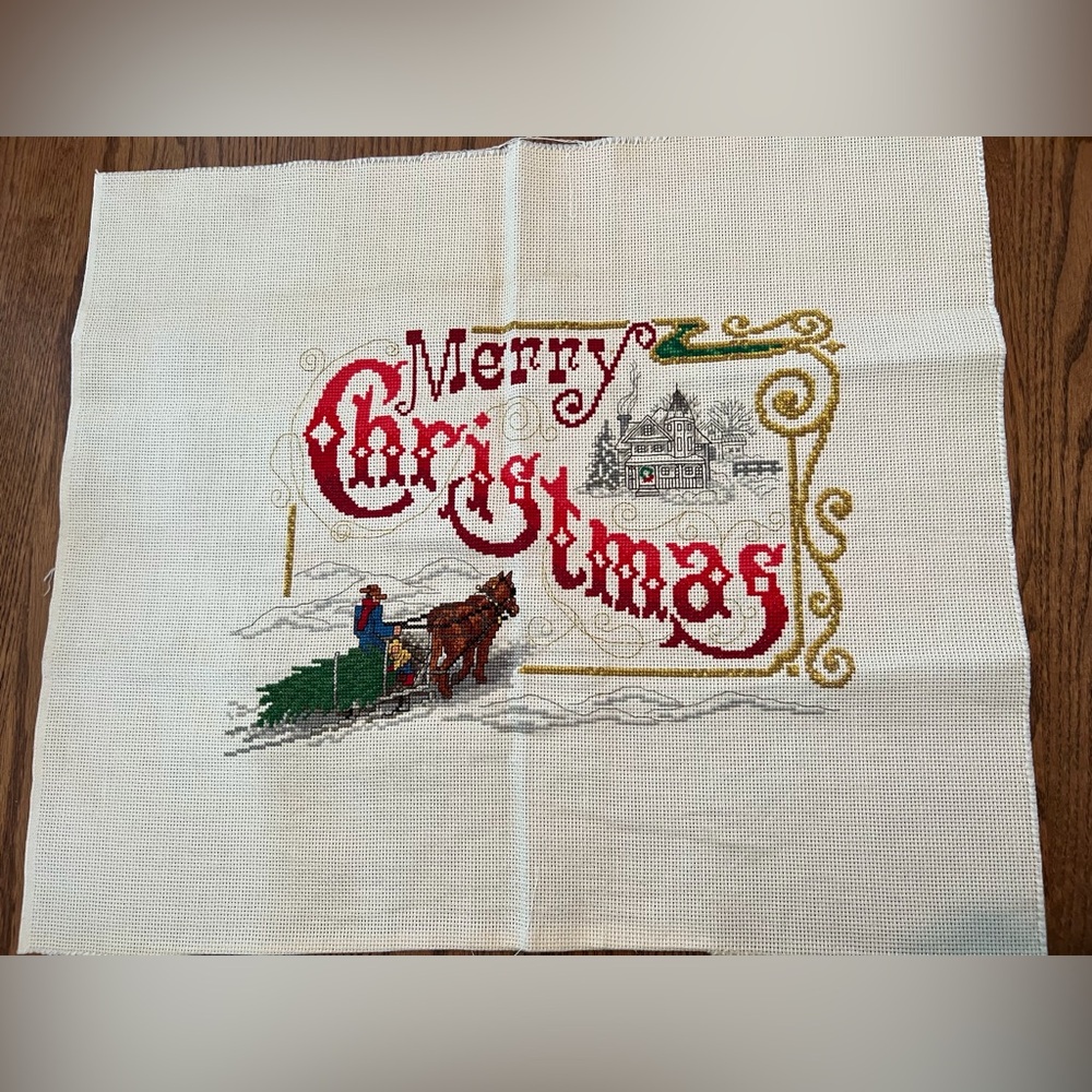 Merry Christmas Cross-Stitch Wall Art - Panel, Vintage